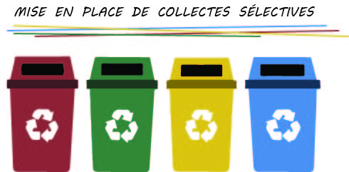 Dessin de plusieurs poubelles, illustrant les collectes sélectives.